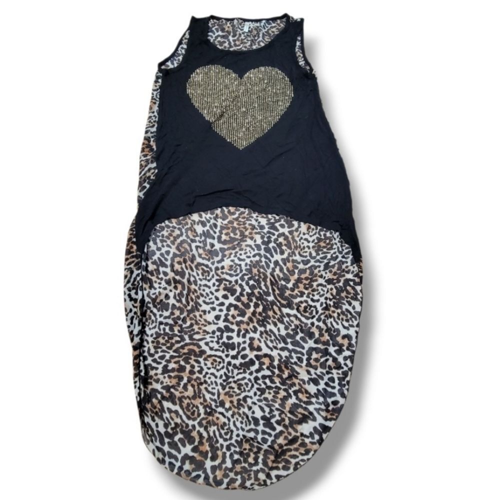 Ocasion Top Size Large Asymmetrical Top Rhinestone Heart Sheer Back Leopard Prin
